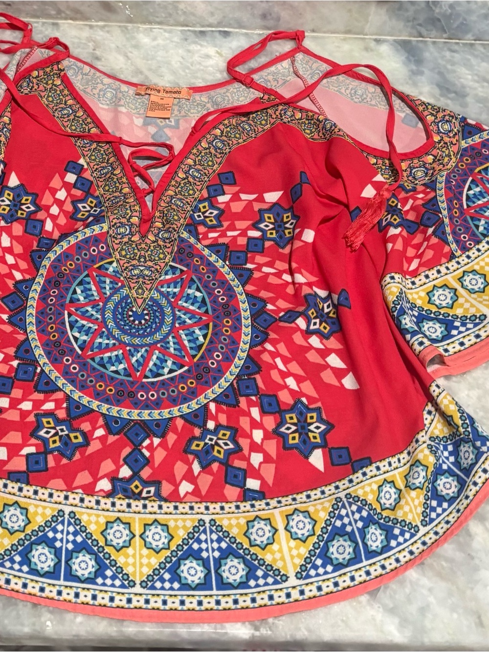 Flying Tomato Women’s Red Boho Print Open Shoulder Lace Up Blouse Size Medium